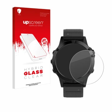 Face avant d’un emballage produit avec le logo de la marque upscreen. À côté, l’appareil Garmin Fenix 5 (47 mm) est représenté