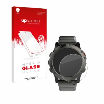 Face avant d’un emballage produit avec le logo de la marque upscreen. À côté, l’appareil Garmin Fenix 5X (51 mm) est représent