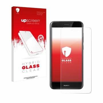 Face avant d’un emballage produit avec le logo de la marque upscreen. À côté, l’appareil Huawei P8 Lite 2017 est représenté av