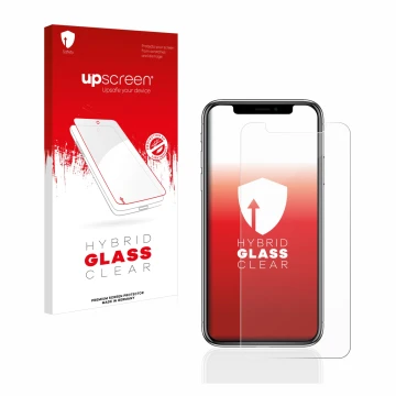 Face avant d’un emballage produit avec le logo de la marque upscreen. À côté, l’appareil Apple iPhone X est représenté avec la