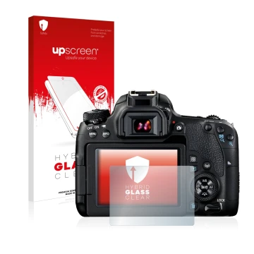 Face avant d’un emballage produit avec le logo de la marque upscreen. À côté, l’appareil Canon EOS 77D est représenté avec la 