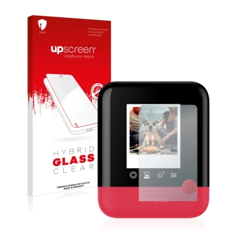 Face avant d’un emballage produit avec le logo de la marque upscreen. À côté, l’appareil Polaroid Pop est représenté avec la p