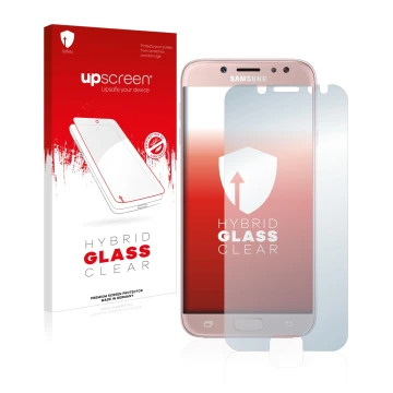 Face avant d’un emballage produit avec le logo de la marque upscreen. À côté, l’appareil Samsung Galaxy J7 2017 est représenté