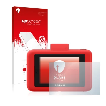 Face avant d’un emballage produit avec le logo de la marque upscreen. À côté, l’appareil Polaroid Snap Touch est représenté av