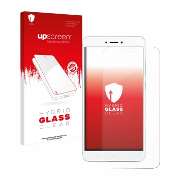 Face avant d’un emballage produit avec le logo de la marque upscreen. À côté, l’appareil Xiaomi Redmi 4X est représenté avec l