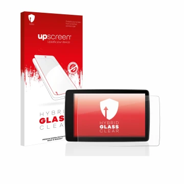 Face avant d’un emballage produit avec le logo de la marque upscreen. À côté, l’appareil BMW Motorrad Navigator VI est représe