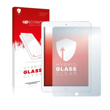 Face avant d’un emballage produit avec le logo de la marque upscreen. À côté, l’appareil Apple iPad 9.7 2017 (5ème Gen.) est r