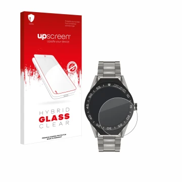 Face avant d’un emballage produit avec le logo de la marque upscreen. À côté, l’appareil TAG Heuer Connected Modular 45 est re