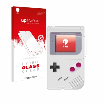 Face avant d’un emballage produit avec le logo de la marque upscreen. À côté, l’appareil Nintendo Gameboy (1989) est représent