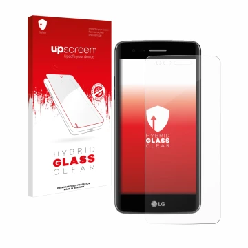 Face avant d’un emballage produit avec le logo de la marque upscreen. À côté, l’appareil LG K8 2017 est représenté avec la pro