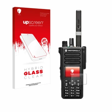Face avant d’un emballage produit avec le logo de la marque upscreen. À côté, l’appareil Motorola DP4800 est représenté avec l