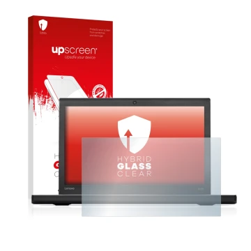 Face avant d’un emballage produit avec le logo de la marque upscreen. À côté, l’appareil Lenovo ThinkPad X270 est représenté a