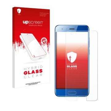 Face avant d’un emballage produit avec le logo de la marque upscreen. À côté, l’appareil Honor 9 est représenté avec la protec