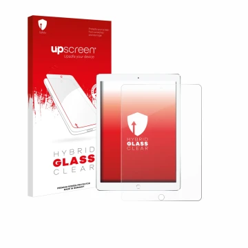 Face avant d’un emballage produit avec le logo de la marque upscreen. À côté, l’appareil Apple iPad Pro 10.5