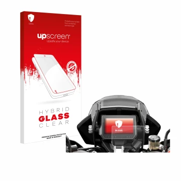 Face avant d’un emballage produit avec le logo de la marque upscreen. À côté, l’appareil KTM 1290 Super Adventure S 2017 Affic