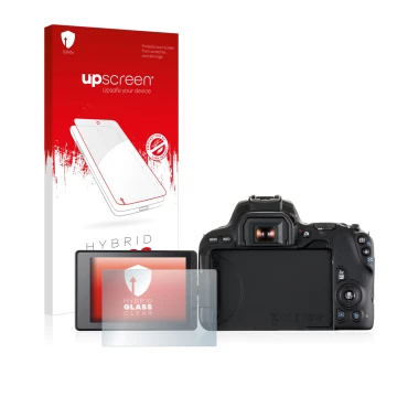 Face avant d’un emballage produit avec le logo de la marque upscreen. À côté, l’appareil Canon EOS 200D est représenté avec la