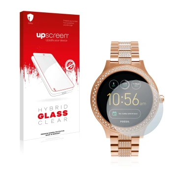 Face avant d’un emballage produit avec le logo de la marque upscreen. À côté, l’appareil Fossil Q Venture est représenté avec 
