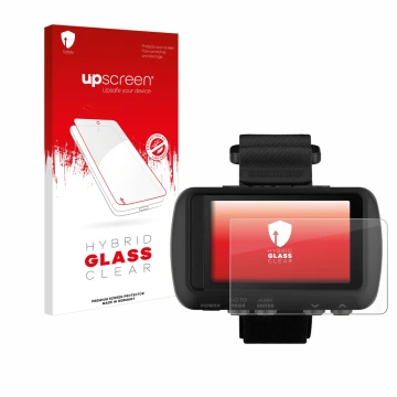Face avant d’un emballage produit avec le logo de la marque upscreen. À côté, l’appareil Garmin Foretrex 601 est représenté av
