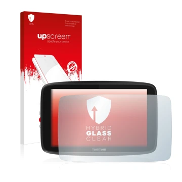 Face avant d’un emballage produit avec le logo de la marque upscreen. À côté, l’appareil TomTom GO 6250 est représenté avec la