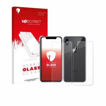 Face avant d’un emballage produit avec le logo de la marque upscreen. À côté, l’appareil Apple iPhone X (Avant+Arrière) est re