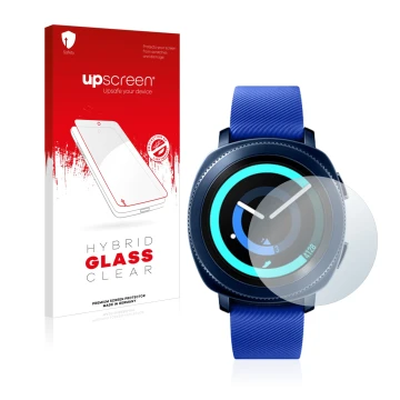 Face avant d’un emballage produit avec le logo de la marque upscreen. À côté, l’appareil Samsung Gear Sport est représenté ave