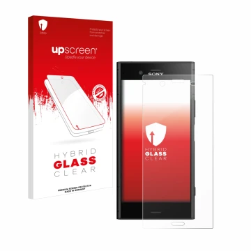 Face avant d’un emballage produit avec le logo de la marque upscreen. À côté, l’appareil Sony Xperia XZ1 est représenté avec l