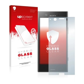 Face avant d’un emballage produit avec le logo de la marque upscreen. À côté, l’appareil Sony Xperia XZ1 Compact est représent