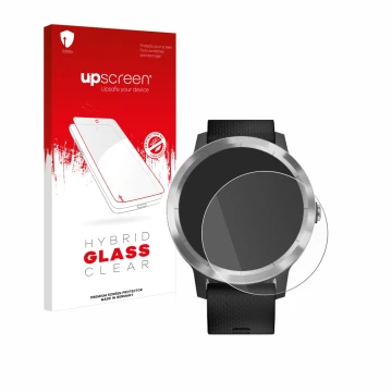 Face avant d’un emballage produit avec le logo de la marque upscreen. À côté, l’appareil Garmin vivoactive 3 est représenté av