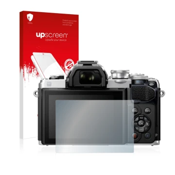 Face avant d’un emballage produit avec le logo de la marque upscreen. À côté, l’appareil Olympus OM-D E-M10 Mark III est repré