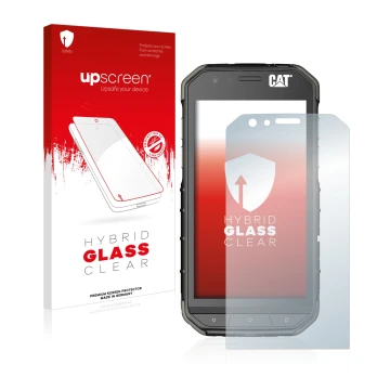 Face avant d’un emballage produit avec le logo de la marque upscreen. À côté, l’appareil Caterpillar Cat S31 est représenté av