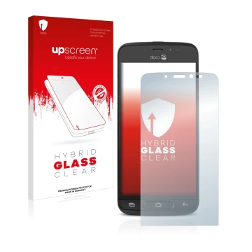 Face avant d’un emballage produit avec le logo de la marque upscreen. À côté, l’appareil Doro 8040 est représenté avec la prot