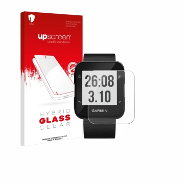Face avant d’un emballage produit avec le logo de la marque upscreen. À côté, l’appareil Garmin Forerunner 30 est représenté a