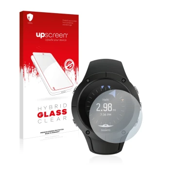 Face avant d’un emballage produit avec le logo de la marque upscreen. À côté, l’appareil Suunto Spartan Trainer Wrist HR est r