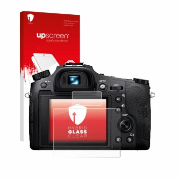 Face avant d’un emballage produit avec le logo de la marque upscreen. À côté, l’appareil Sony Cyber-Shot DSC-RX10 IV est repré