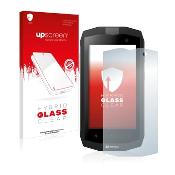 Face avant d’un emballage produit avec le logo de la marque upscreen. À côté, l’appareil Crosscall Trekker M1 Core est représe