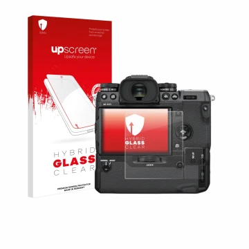 Face avant d’un emballage produit avec le logo de la marque upscreen. À côté, l’appareil Fujifilm X-H1 est représenté avec la 