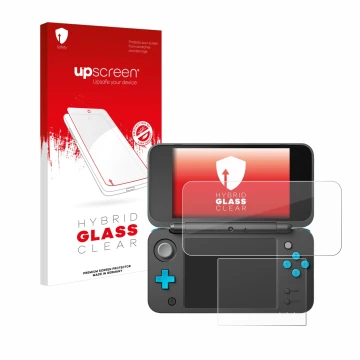 Face avant d’un emballage produit avec le logo de la marque upscreen. À côté, l’appareil New Nintendo 2DS XL est représenté av
