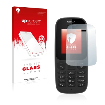 Face avant d’un emballage produit avec le logo de la marque upscreen. À côté, l’appareil Nokia 105 2017 est représenté avec la