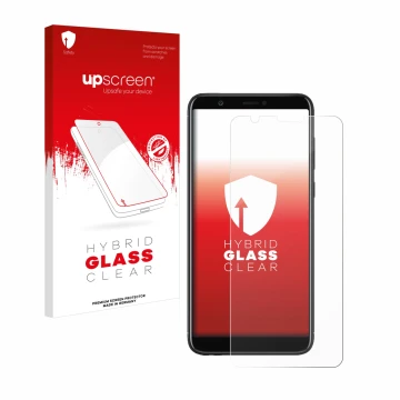 Face avant d’un emballage produit avec le logo de la marque upscreen. À côté, l’appareil Huawei P smart 2018 est représenté av