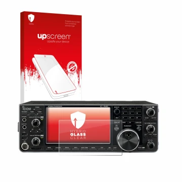 Face avant d’un emballage produit avec le logo de la marque upscreen. À côté, l’appareil Icom IC-7610 est représenté avec la p