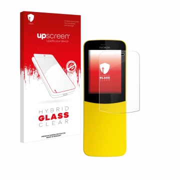 Face avant d’un emballage produit avec le logo de la marque upscreen. À côté, l’appareil Nokia 8110 est représenté avec la pro