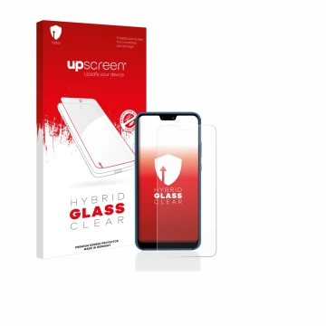 Face avant d’un emballage produit avec le logo de la marque upscreen. À côté, l’appareil Huawei P20 lite 2018 est représenté a