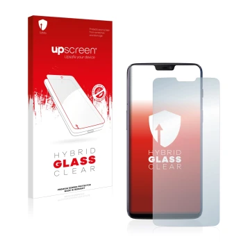 Face avant d’un emballage produit avec le logo de la marque upscreen. À côté, l’appareil OnePlus 6 est représenté avec la prot