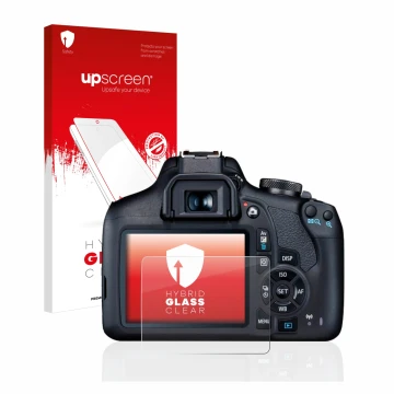Face avant d’un emballage produit avec le logo de la marque upscreen. À côté, l’appareil Canon EOS 2000D est représenté avec l