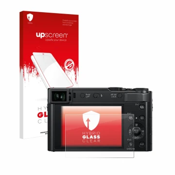 Face avant d’un emballage produit avec le logo de la marque upscreen. À côté, l’appareil Panasonic Lumix DC-TZ202 est représen