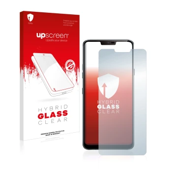 Face avant d’un emballage produit avec le logo de la marque upscreen. À côté, l’appareil LG G7 ThinQ est représenté avec la pr