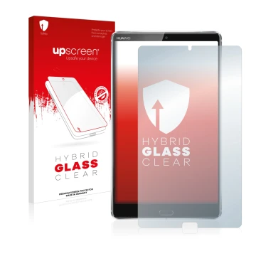 Face avant d’un emballage produit avec le logo de la marque upscreen. À côté, l’appareil Huawei MediaPad M5 8.4 est représenté