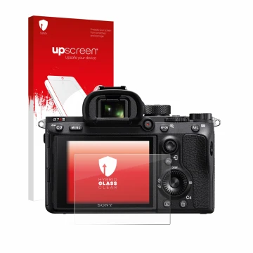 Face avant d’un emballage produit avec le logo de la marque upscreen. À côté, l’appareil Sony Alpha 7R III est représenté avec