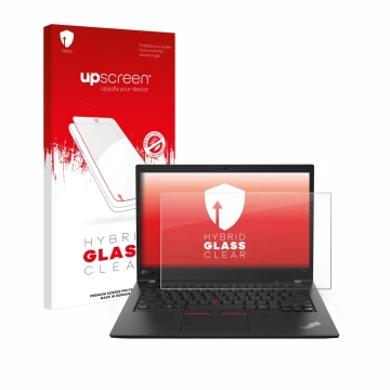 Face avant d’un emballage produit avec le logo de la marque upscreen. À côté, l’appareil Lenovo ThinkPad T480s est représenté 