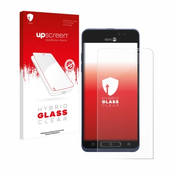 Face avant d’un emballage produit avec le logo de la marque upscreen. À côté, l’appareil Doro 8035 est représenté avec la prot